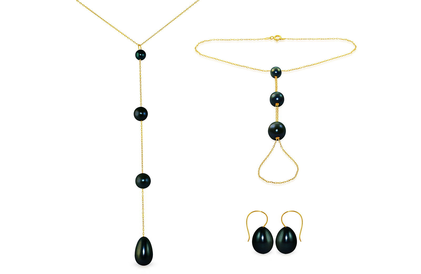 Vera Perla 10K Gold Gradual Built-in with Black Drop Pearl Jewelry Set, 3 Pcs